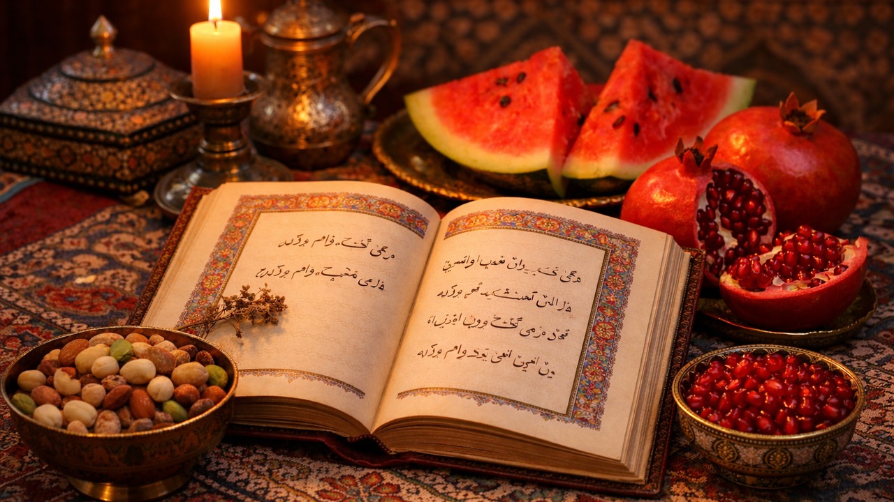دیوان حافظ روی سفره شب یلدا با انار و هندوانه و شمع
