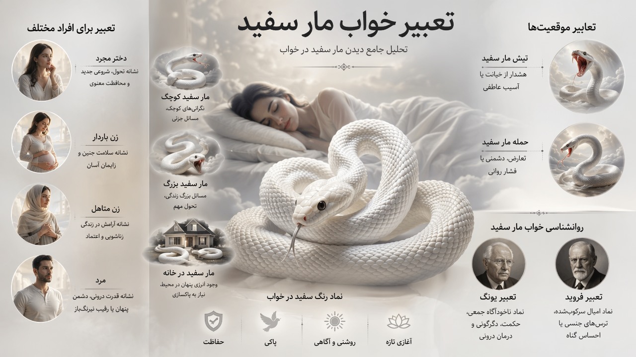 تعبیر خواب مار سفید, دیدن مار سفید در خواب, نیش مار سفید, حمله مار سفید, مار سفید در خانه, مار سفید کوچک, مار سفید بزرگ, تعبیر مار سفید برای دختر مجرد, تعبیر مار سفید برای زن باردار, تعبیر مار سفید برای زن متاهل, تعبیر مار سفید برای مرد, روانشناسی خواب مار, تعبیر خواب یونگ, تعبیر خواب فروید, نماد رنگ سفید در خواب, 