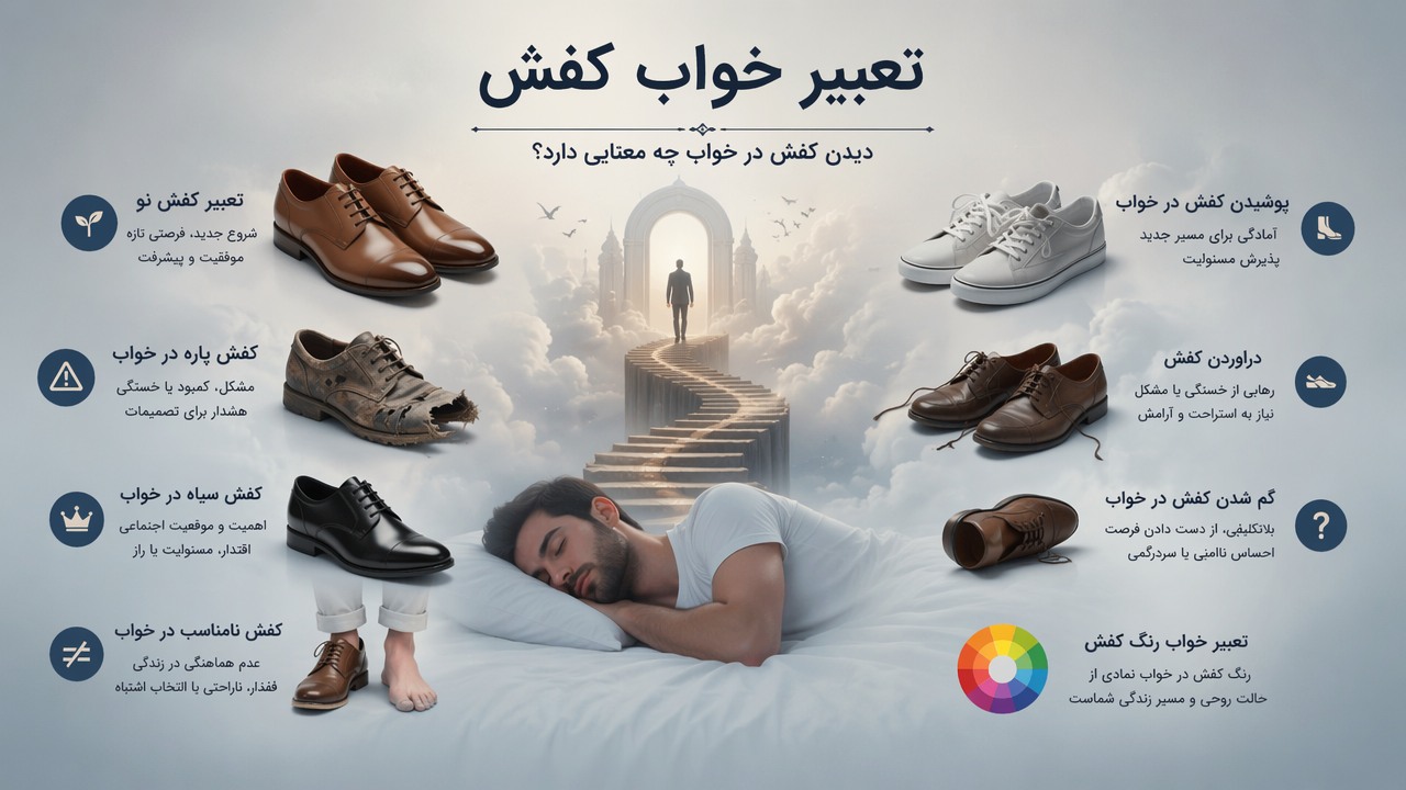 تعبیر خواب کفش, دیدن کفش در خواب, تعبیر کفش نو, کفش پاره در خواب, گم شدن کفش در خواب, پوشیدن کفش در خواب, درآوردن کفش, کفش سیاه در خواب, تعبیر خواب رنگ کفش, کفش نامناسب در خواب,