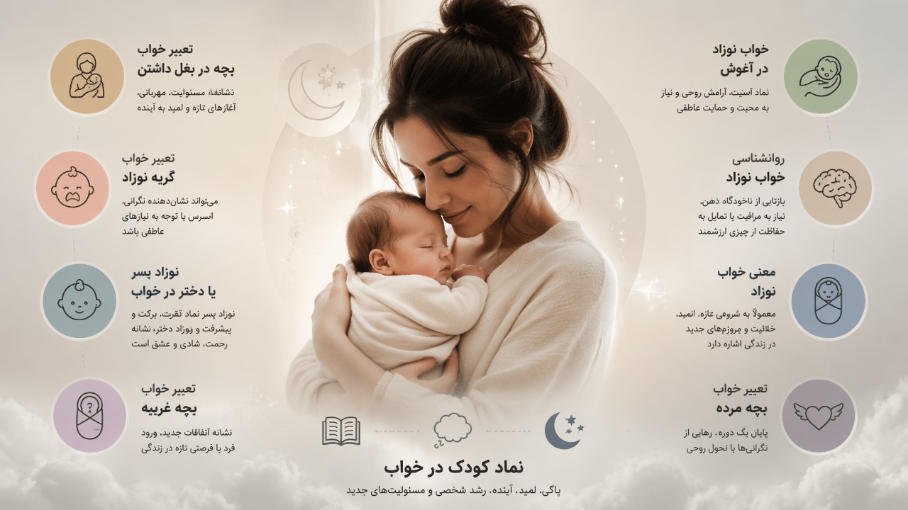 تعبیر خواب بچه در بغل داشتن, تعبیر خواب بغل گرفتن نوزاد, خواب نوزاد در آغوش, تعبیر خواب گریه نوزاد, نوزاد پسر یا دختر در خواب, تعبیر خواب بچه غریبه, معنی خواب نوزاد, تعبیر خواب بچه مرده, نماد کودک در خواب, روانشناسی خواب نوزاد,