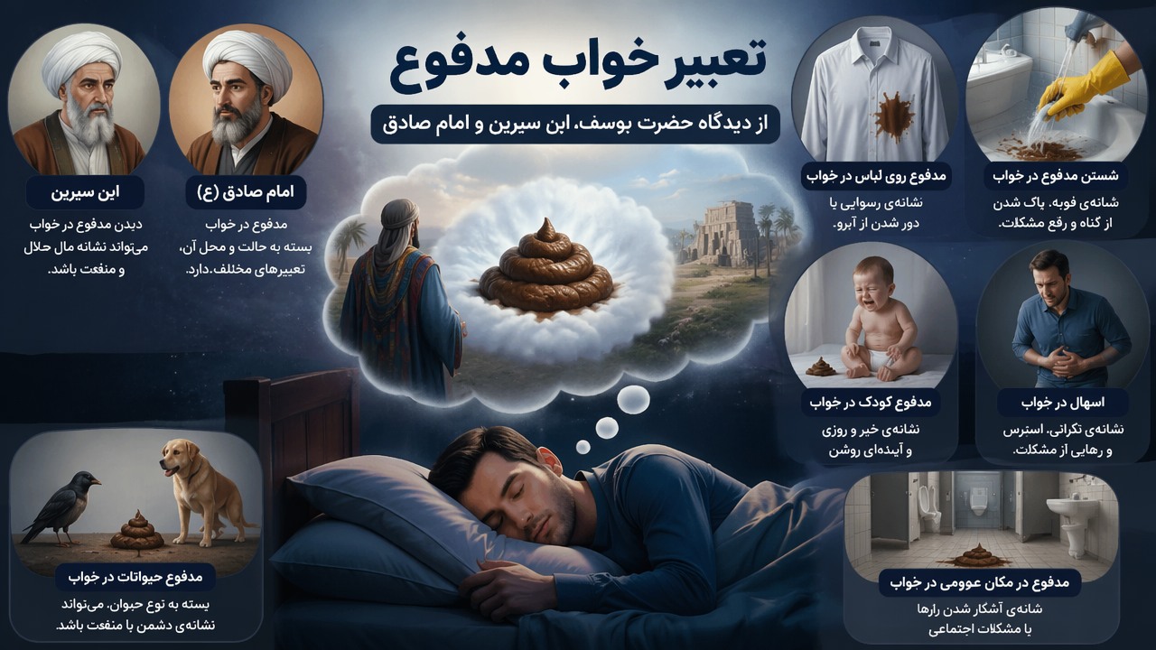 تعبیر خواب مدفوع حضرت یوسف, تعبیر مدفوع در خواب, تعبیر خواب ابن سیرین مدفوع, تعبیر خواب امام صادق مدفوع, مدفوع روی لباس در خواب, شستن مدفوع در خواب, مدفوع کودک در خواب, اسهال در خواب, مدفوع حیوانات در خواب, مدفوع در مکان عمومی در خواب, 