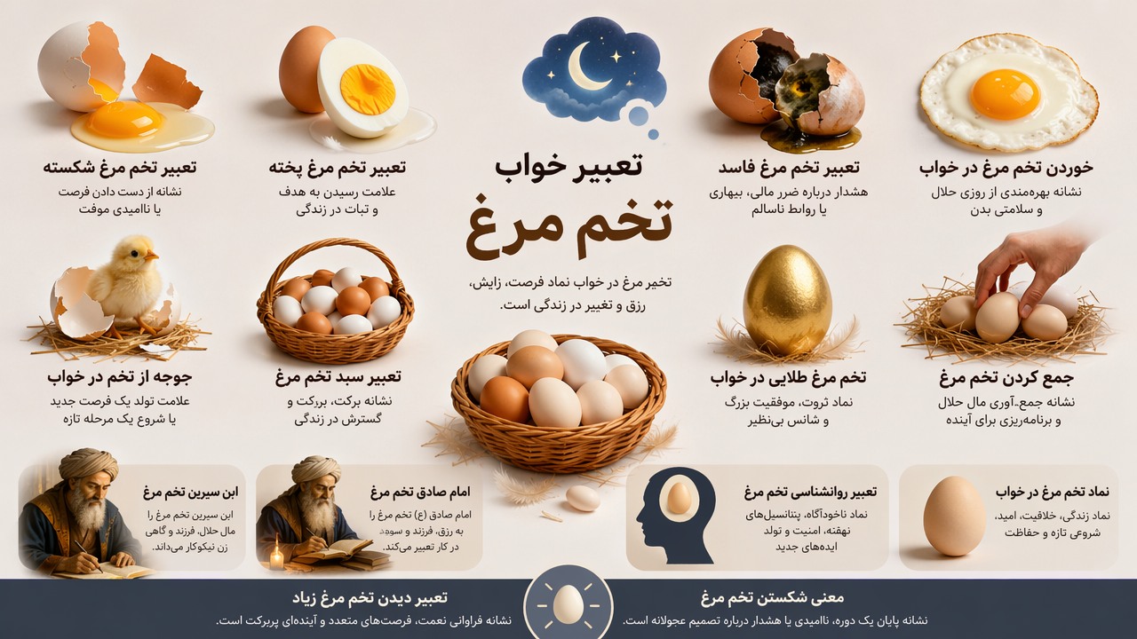 تعبیر خواب تخم مرغ, تعبیر تخم مرغ شکسته, تعبیر تخم مرغ پخته, تعبیر تخم مرغ فاسد, خوردن تخم مرغ در خواب, جوجه از تخم در خواب, تعبیر سبد تخم مرغ, تخم مرغ طلایی در خواب, جمع کردن تخم مرغ, ابن سیرین تخم مرغ, امام صادق تخم مرغ, تعبیر روانشناسی تخم مرغ, نماد تخم مرغ در خواب, معنی شکستن تخم مرغ, تعبیر دیدن تخم مرغ زیاد,
