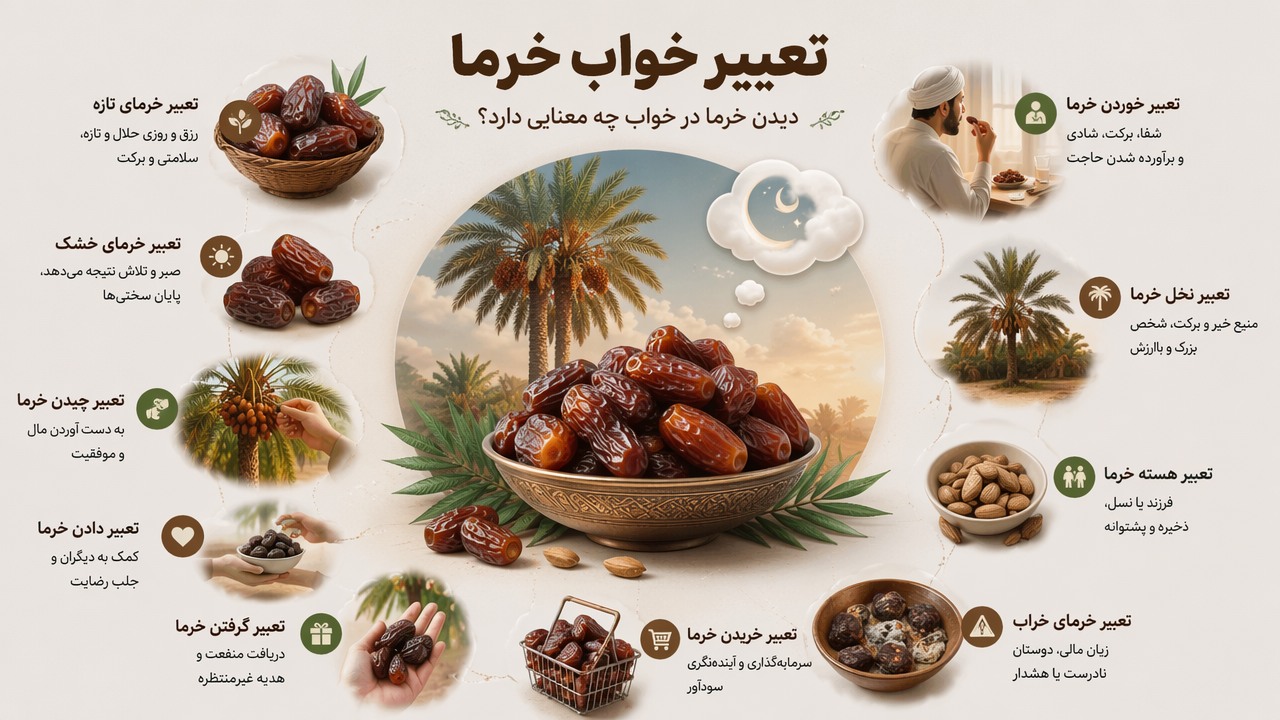 تعبیر خواب خرما, دیدن خرما در خواب, تعبیر خوردن خرما, تعبیر خرمای تازه, تعبیر خرمای خشک, تعبیر چیدن خرما, تعبیر دادن خرما, تعبیر نخل خرما, تعبیر هسته خرما, تعبیر خریدن خرما, تعبیر خرمای خراب, تعبیر گرفتن خرما,