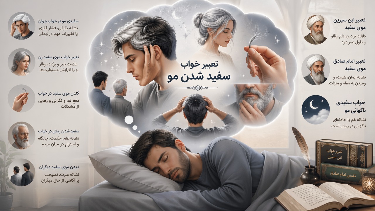 تعبیر خواب سفید شدن مو, معنی موی سفید در خواب, سفیدی مو در خواب جوان, تعبیر خواب موی سفید زن, کندن موی سفید در خواب, سفید شدن ریش در خواب, دیدن موی سفید دیگران, خواب سفیدی ناگهانی مو, تعبیر ابن سیرین موی سفید, تعبیر امام صادق موی سفید, 
