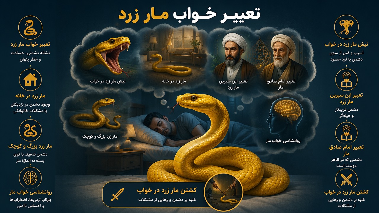 تعبیر خواب مار زرد, معنی دیدن مار زرد در خواب, نیش مار زرد در خواب, مار زرد در خانه, تعبیر ابن سیرین مار زرد, تعبیر امام صادق مار, روانشناسی خواب مار, مار زرد بزرگ و کوچک, کشتن مار زرد در خواب,