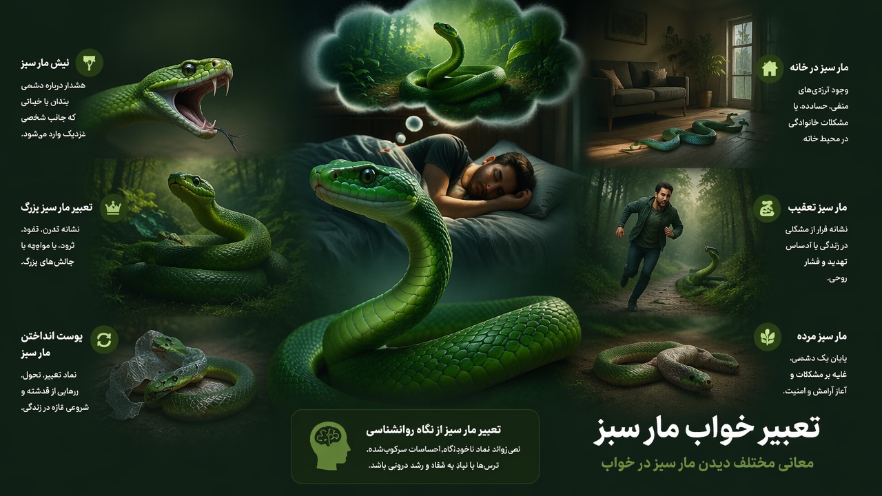 تعبیر خواب مار سبز, دیدن مار سبز در خواب, نیش مار سبز, مار سبز در خانه, تعبیر مار سبز بزرگ, تعبیر مار سبز از نگاه روانشناسی, معنی مار سبز در خواب, مار سبز تعقیب, مار سبز مرده, پوست انداختن مار سبز, 