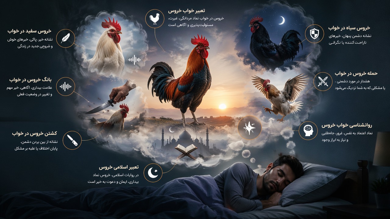 تعبیر خواب خروس, معنی خروس در خواب, بانگ خروس در خواب, خروس سفید در خواب, کشتن خروس در خواب, خروس سیاه در خواب, روانشناسی خواب خروس, نماد خروس در رویا, تعبیر اسلامی خروس, حمله خروس در خواب,