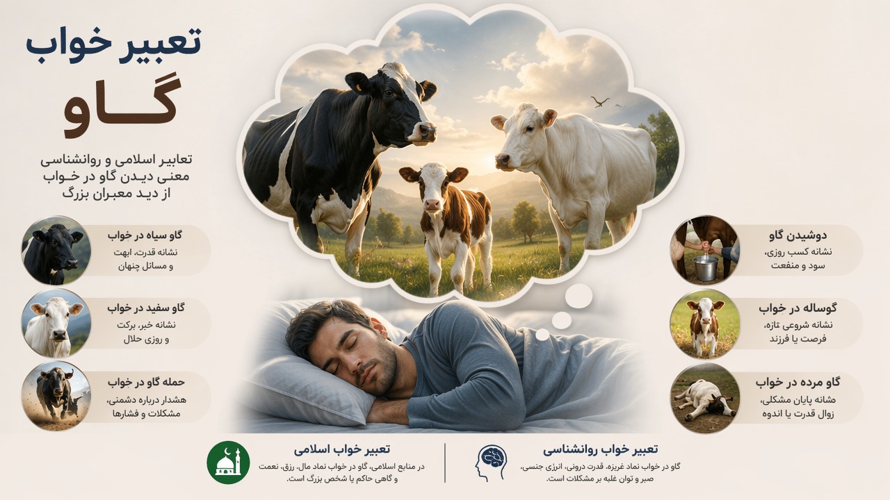 تعبیر خواب گاو, خواب گاو, گاو سیاه در خواب, گاو سفید در خواب, حمله گاو در خواب, دوشیدن گاو, گوساله در خواب, گاو مرده, تعبیر خواب اسلامی, تعبیر خواب روانشناسی, 