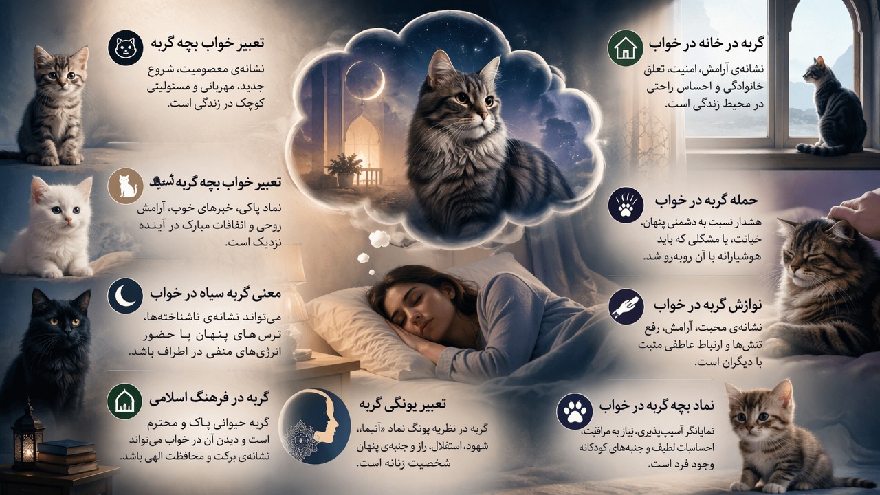 تعبیر خواب گربه, تعبیر خواب بچه گربه, گربه در خانه در خواب, معنی گربه سیاه در خواب, تعبیر خواب بچه گربه سفید, حمله گربه در خواب, نوازش گربه در خواب, گربه در فرهنگ اسلامی, تعبیر یونگی گربه, نماد بچه گربه در خواب,