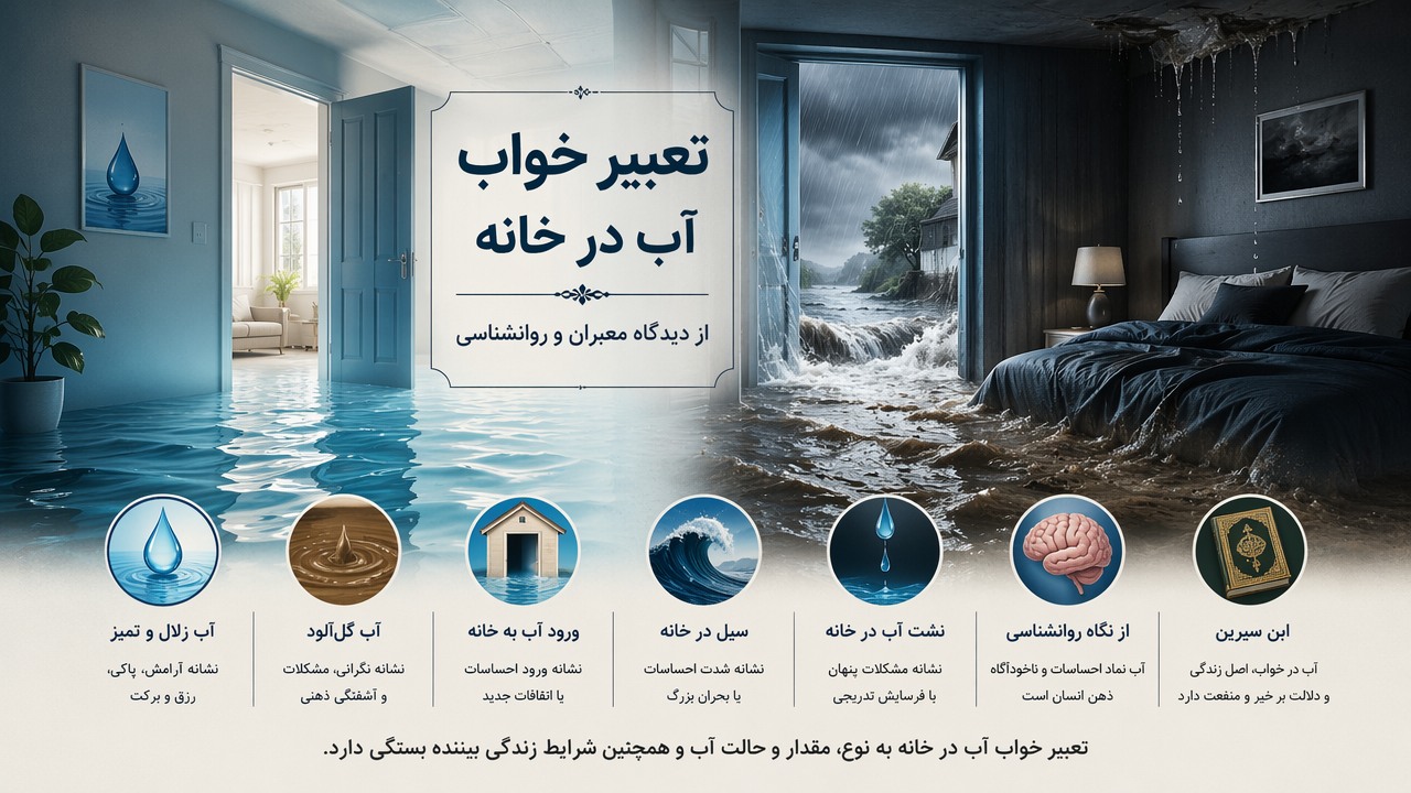 تعبیر خواب آب در خانه, خواب دیدن آب زلال, آب گل آلود در خانه, ورود آب به خانه در خواب, تعبیر خواب سیل در خانه, نشت آب در اتاق خواب, آب در خانه از نگاه روانشناسی, تعبیر خواب ابن سیرین, نماد آب در رویا, تعبیر خواب آب تمیز,