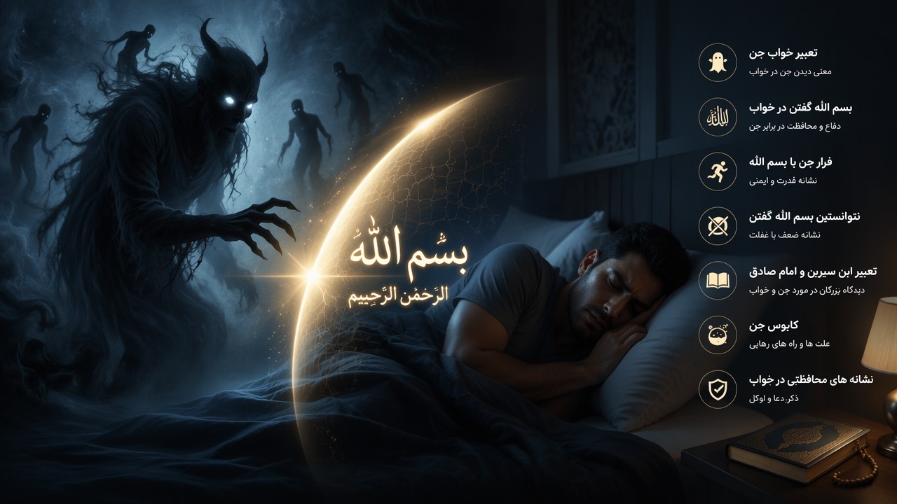 تعبیر خواب جن, بسم الله گفتن در خواب, دیدن جن در خواب, فرار جن با بسم الله, نتوانستن بسم الله گفتن در خواب, معنی جن در رویا, تعبیر ابن سیرین جن, تعبیر امام صادق بسم الله, کابوس جن, نشانه های محافظتی در خواب,
