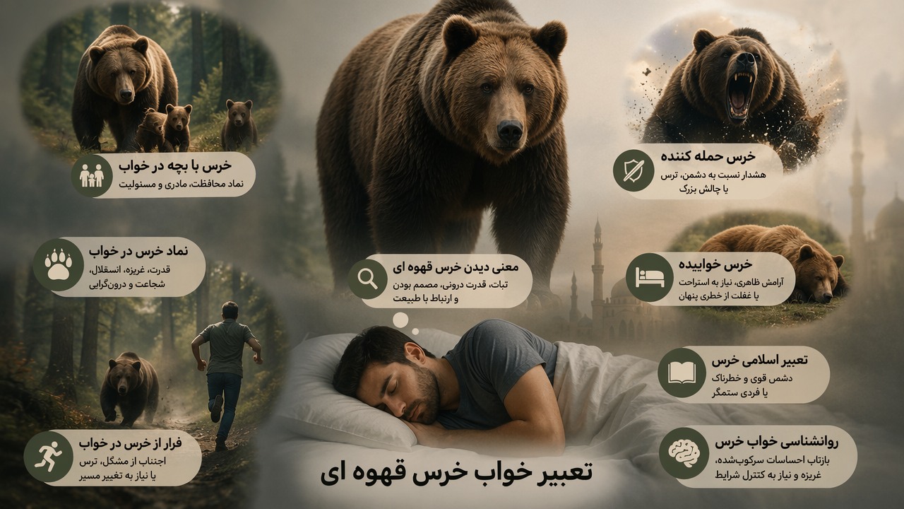 تعبیر خواب خرس قهوه ای, خواب خرس, نماد خرس در خواب, خرس حمله کننده, خرس با بچه در خواب, خرس خوابیده, تعبیر اسلامی خرس, روانشناسی خواب خرس, معنی دیدن خرس قهوه ای, فرار از خرس در خواب,