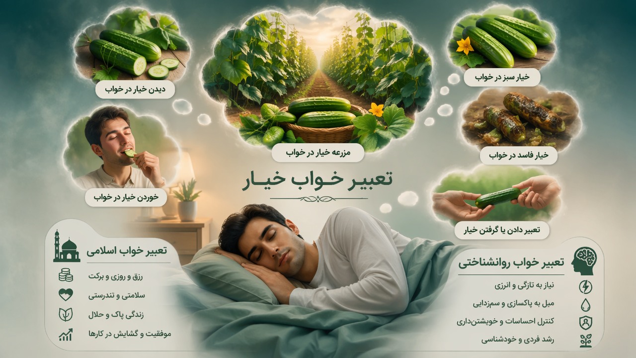 تعبیر خواب خیار, دیدن خیار در خواب, خوردن خیار در خواب, خیار سبز در خواب, خیار فاسد در خواب, تعبیر دادن یا گرفتن خیار, مزرعه خیار در خواب, تعبیر خواب اسلامی, تعبیر خواب روانشناختی, 