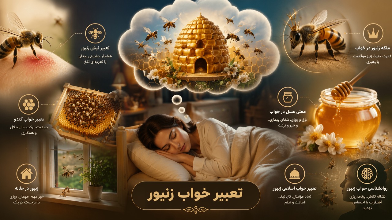 تعبیر خواب زنبور, تعبیر نیش زنبور, تعبیر خواب کندو, معنی عسل در خواب, ملکه زنبور در خواب, زنبور در خانه, تعبیر خواب اسلامی زنبور, روانشناسی خواب زنبور, 