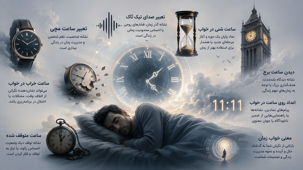 تعبیر خواب ساعت, خواب دیدن ساعت, تعبیر ساعت مچی, ساعت خراب در خواب, ساعت متوقف شده, تعبیر صدای تیک تاک, ساعت شنی در خواب, دیدن ساعت برج, اعداد روی ساعت در خواب, معنی خواب زمان, 
