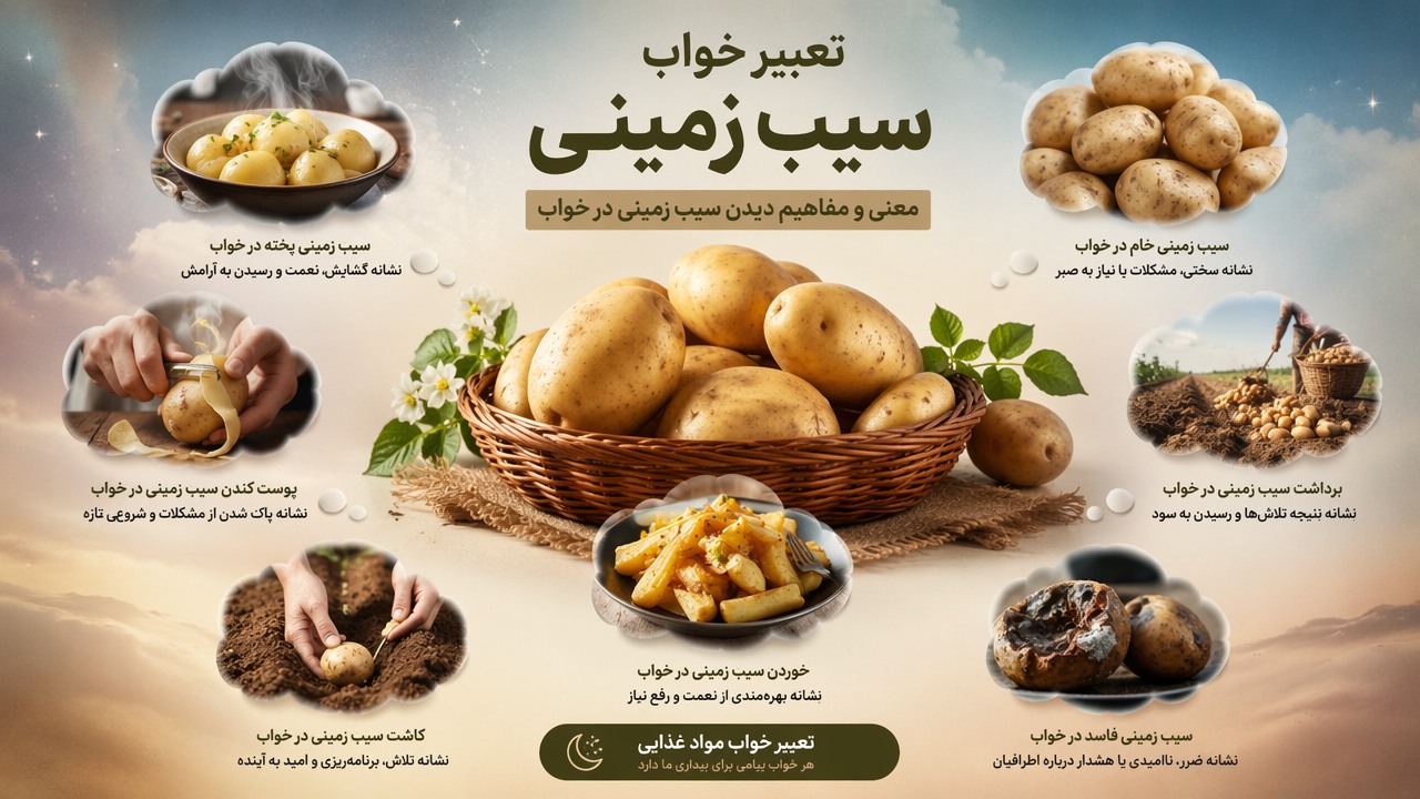 تعبیر خواب سیب زمینی, معنی خواب سیب زمینی, سیب زمینی پخته در خواب, سیب زمینی خام در خواب, برداشت سیب زمینی, پوست کندن سیب زمینی در خواب, سیب زمینی فاسد در خواب, کاشت سیب زمینی در خواب, خوردن سیب زمینی در خواب, تعبیر خواب مواد غذایی, 