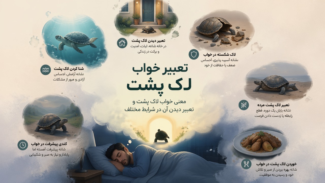 تعبیر خواب لاک پشت, معنی خواب لاک پشت, نماد لاک پشت در خواب, لاک پشت در خواب نشانه چیست, تعبیر دیدن لاک پشت در خانه, تعبیر لاک پشت مرده, لاک شکسته در خواب, شنا کردن لاک پشت, خوردن لاک پشت در خواب, کندی پیشرفت در خواب, 