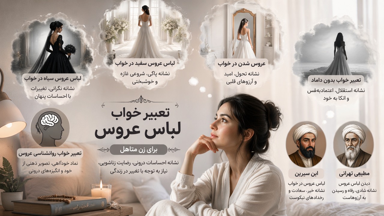تعبیر خواب لباس عروس, تعبیر خواب زن متاهل, عروس شدن در خواب, لباس عروس سفید در خواب, لباس عروس سیاه در خواب, تعبیر خواب بدون داماد, تعبیر خواب روانشناسی عروس, ابن سیرین لباس عروس, مطیعی تهرانی عروسی, خواب عروس برای زن متاهل,