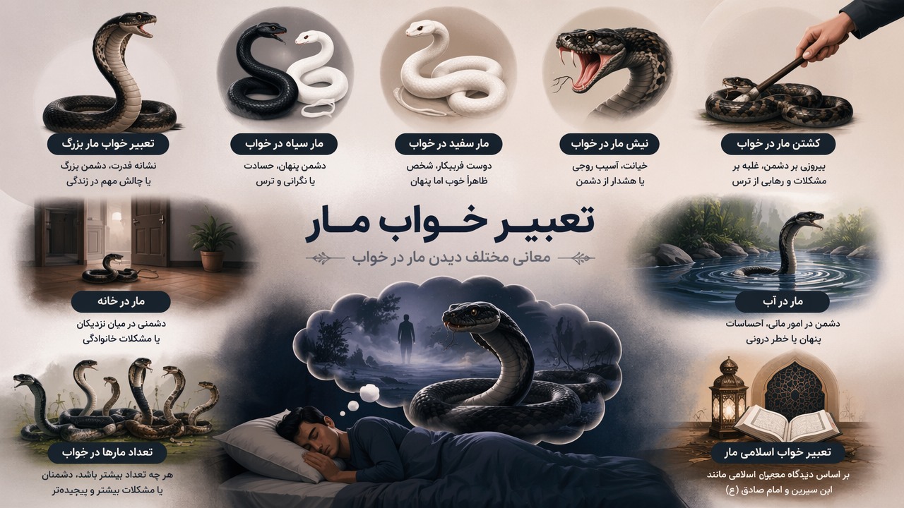 تعبیر خواب مار بزرگ, تعبیر خواب مار, مار سیاه در خواب, مار سفید در خواب, نیش مار در خواب, کشتن مار در خواب, مار در خانه, مار در آب, تعداد مارها در خواب, تعبیر خواب اسلامی مار,