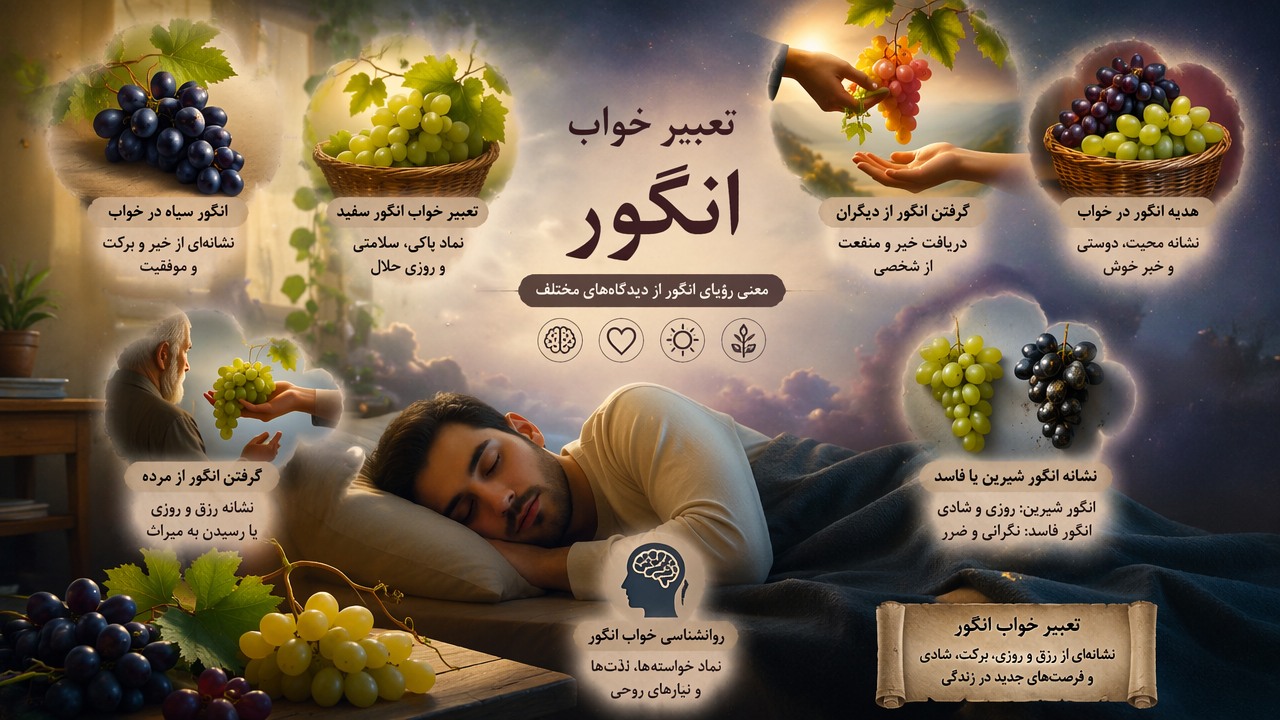 تعبیر خواب انگور, گرفتن انگور از دیگران, تعبیر خواب انگور سفید, انگور سیاه در خواب, هدیه انگور در خواب, روانشناسی خواب انگور, نشانه انگور شیرین یا فاسد, گرفتن انگور از مرده, تعبیر خواب رزق و روزی, معنی رؤیای انگور,