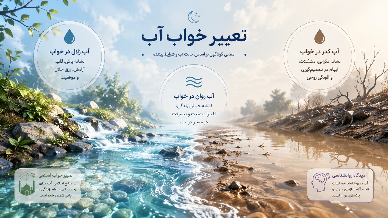 تعبیر خواب آب روان, آب زلال در خواب, آب کدر در خواب, تعبیر خواب آب جاری, معنای آب در رویا, تعبیر خواب اسلامی آب, دیدگاه روانشناسی خواب آب,