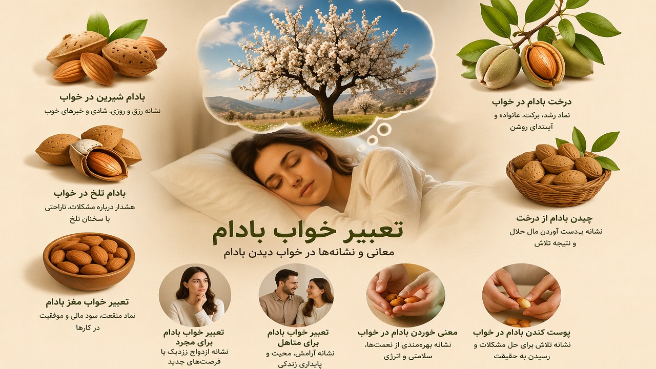 تعبیر خواب بادام, خواب دیدن بادام, بادام شیرین در خواب, بادام تلخ در خواب, درخت بادام در خواب, معنی خوردن بادام در خواب, پوست کندن بادام در خواب, چیدن بادام از درخت, تعبیر خواب مغز بادام, تعبیر خواب بادام برای مجرد و متاهل,