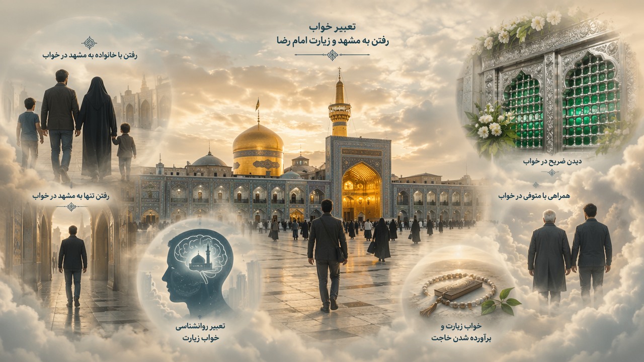 تعبیر خواب رفتن به مشهد, تعبیر خواب زیارت امام رضا, دیدن ضریح در خواب, رفتن با خانواده به مشهد در خواب, رفتن تنها به مشهد در خواب, همراهی با متوفی در خواب, تعبیر روانشناسی خواب زیارت, خواب زیارت و برآورده شدن حاجت, 