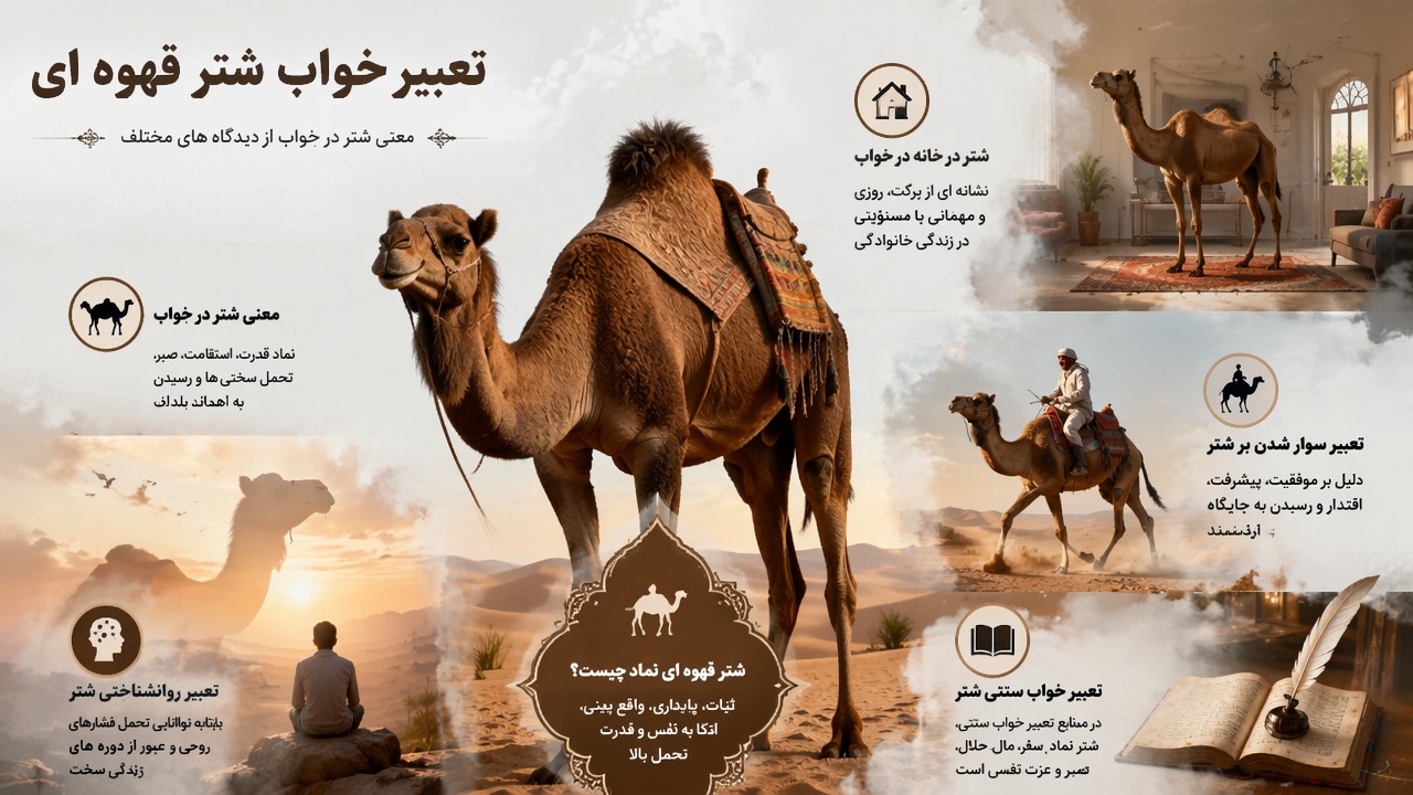 تعبیر خواب شتر قهوه ای, معنی شتر در خواب, شتر در خانه در خواب, تعبیر سوار شدن بر شتر, شتر قهوه ای نماد چیست, تعبیر خواب سنتی شتر, تعبیر روانشناختی شتر,