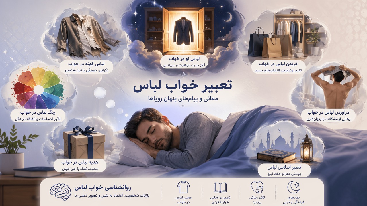 تعبیر خواب لباس, لباس نو در خواب, لباس کهنه در خواب, رنگ لباس در خواب, معنی لباس در خواب, تعبیر اسلامی لباس, خریدن لباس در خواب, درآوردن لباس در خواب, هدیه لباس در خواب, روانشناسی خواب لباس, 