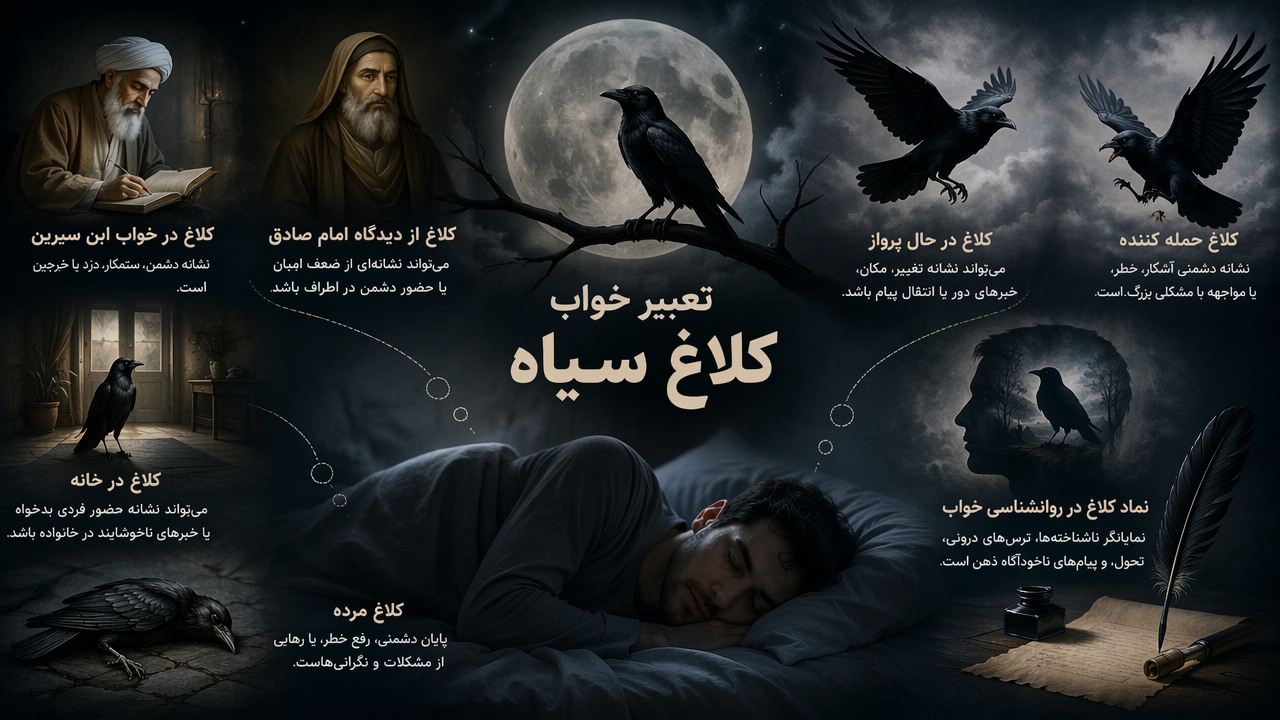 تعبیر خواب کلاغ سیاه, معنی دیدن کلاغ در خواب, کلاغ در خواب ابن سیرین, کلاغ امام صادق, کلاغ حمله کننده, کلاغ مرده, کلاغ در خانه, کلاغ پرواز, نماد کلاغ در روانشناسی خواب, 