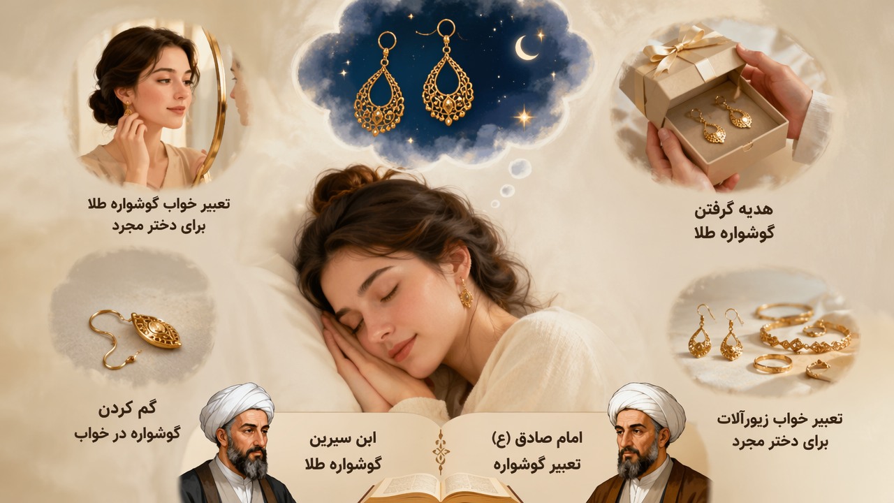 تعبیر خواب گوشواره طلا, تعبیر خواب گوشواره طلا برای دختر مجرد, گوشواره طلایی در خواب, هدیه گرفتن گوشواره طلا, گم کردن گوشواره در خواب, تعبیر خواب زیورآلات برای دختر مجرد, ابن سیرین گوشواره طلا, امام صادق تعبیر گوشواره,