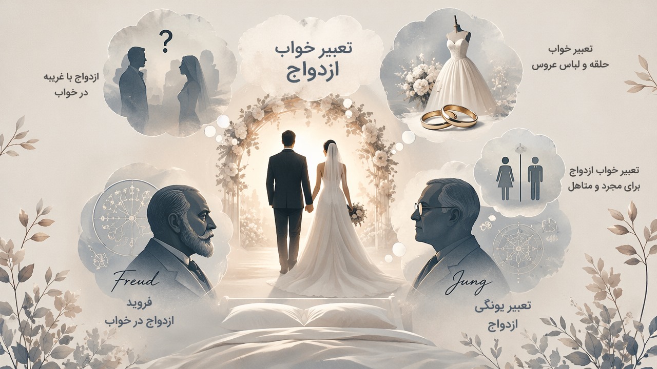 تعبیر خواب ازدواج, خواب عروسی, تعبیر دیدن عروس و داماد, ازدواج با غریبه در خواب, تعبیر یونگی ازدواج, فروید ازدواج در خواب, تعبیر خواب حلقه و لباس عروس, تعبیر خواب ازدواج برای مجرد و متاهل, 