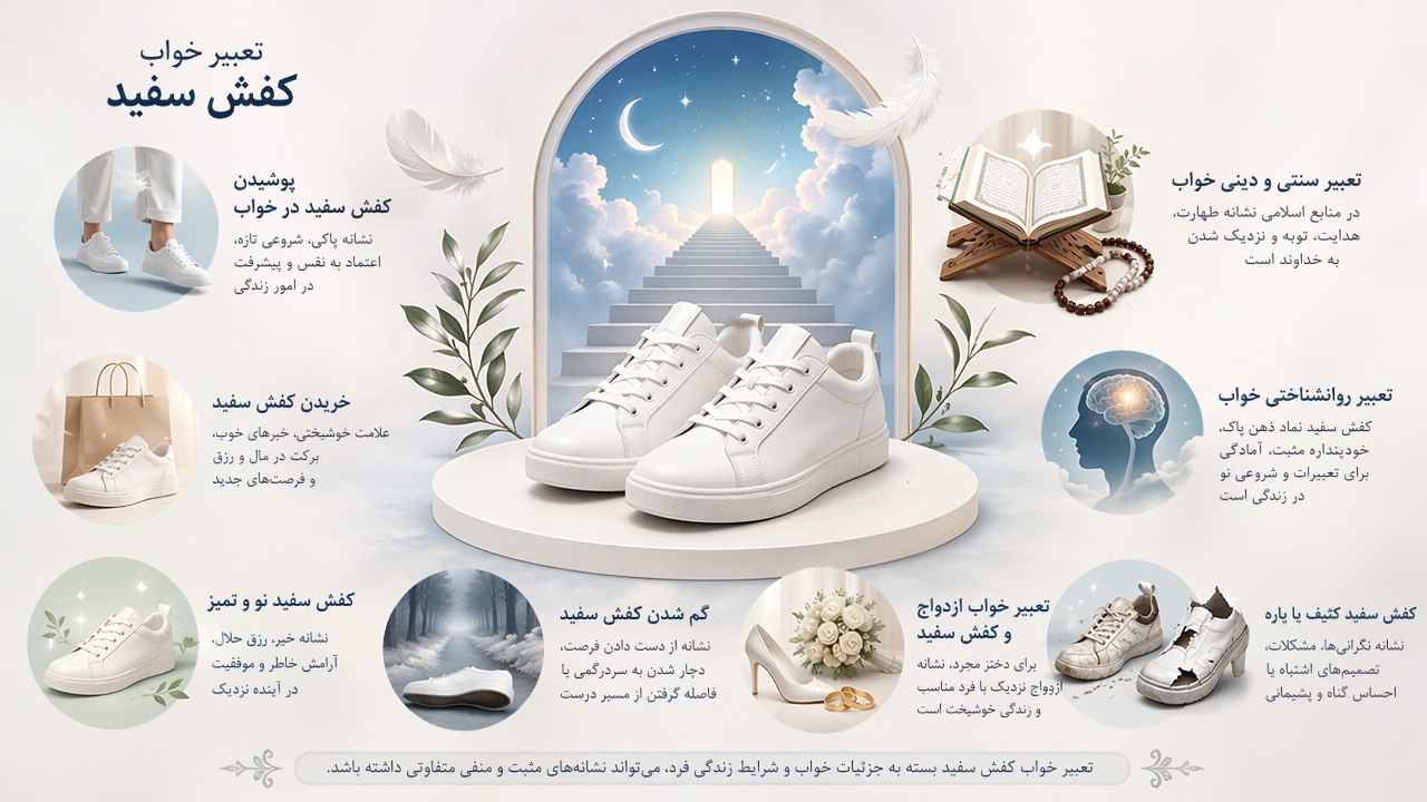 تعبیر خواب کفش سفید, معنی کفش سفید در خواب, پوشیدن کفش سفید در خواب, خریدن کفش سفید, گم شدن کفش سفید, کفش سفید نو و تمیز, کفش سفید کثیف یا پاره, تعبیر سنتی و دینی خواب, تعبیر روانشناختی خواب, تعبیر خواب ازدواج و کفش سفید,