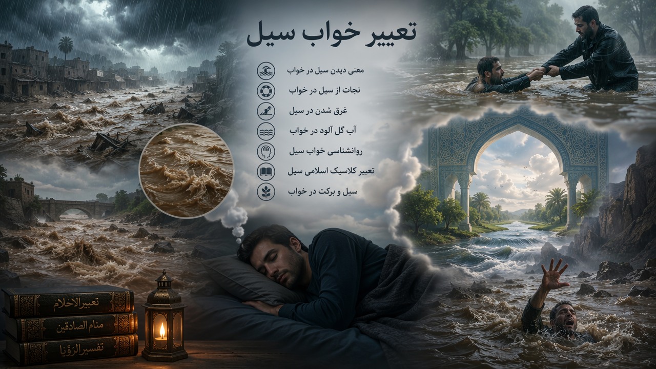 تعبیر خواب سیل, معنی دیدن سیل در خواب, نجات از سیل در خواب, غرق شدن در سیل, آب گل آلود در خواب, روانشناسی خواب سیل, تعبیر کلاسیک اسلامی سیل, سیل و برکت در خواب,