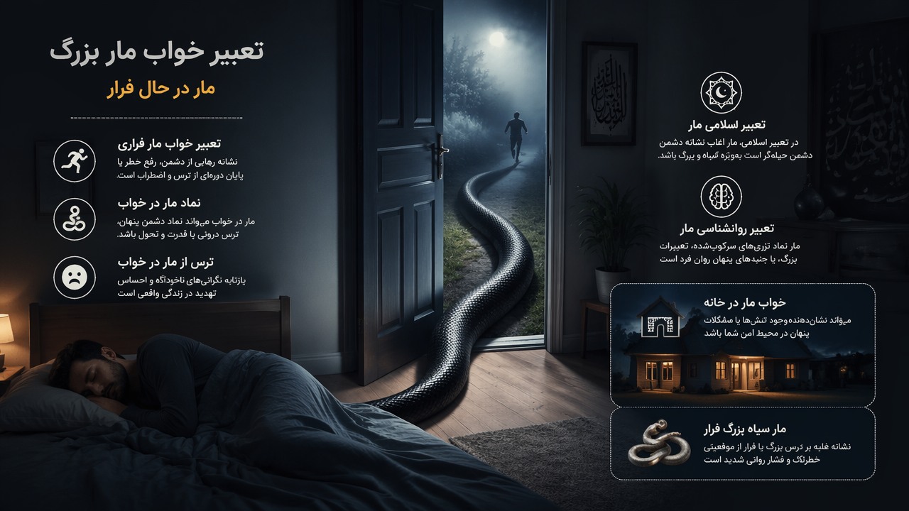 تعبیر خواب مار بزرگ, مار در حال فرار, تعبیر خواب مار فراری, نماد مار در خواب, تعبیر اسلامی مار, تعبیر روانشناسی مار, ترس از مار در خواب, مار سیاه بزرگ فرار, خواب مار در خانه,