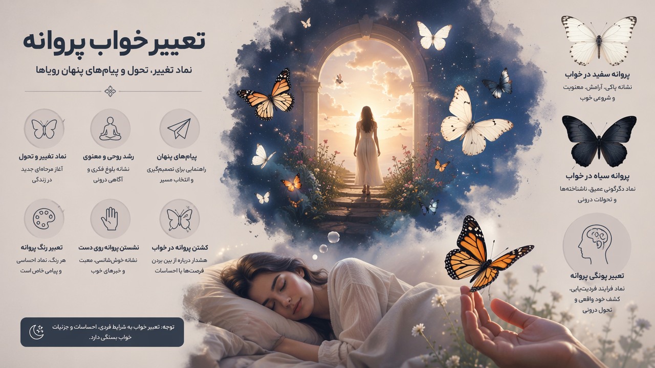 تعبیر خواب پروانه, پروانه در خواب, تعبیر رنگ پروانه, پروانه سفید در خواب, پروانه سیاه در خواب, نشستن پروانه روی دست, کشتن پروانه در خواب, تعبیر یونگی پروانه, تغییر و تحول در خواب, نشانه های خواب,