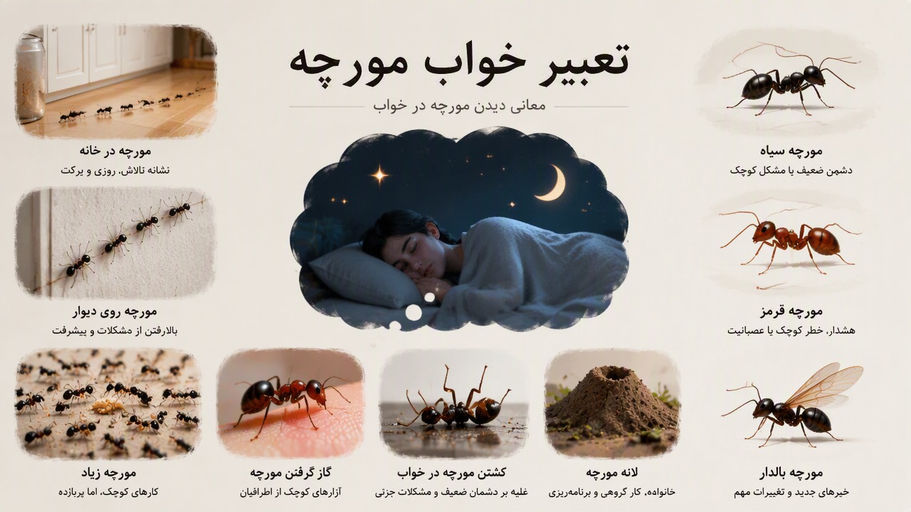 تعبیر خواب مورچه, مورچه در خانه, مورچه روی دیوار, مورچه زیاد, گاز گرفتن مورچه, کشتن مورچه در خواب, لانه مورچه, مورچه سیاه, مورچه قرمز, مورچه بالدار, 
