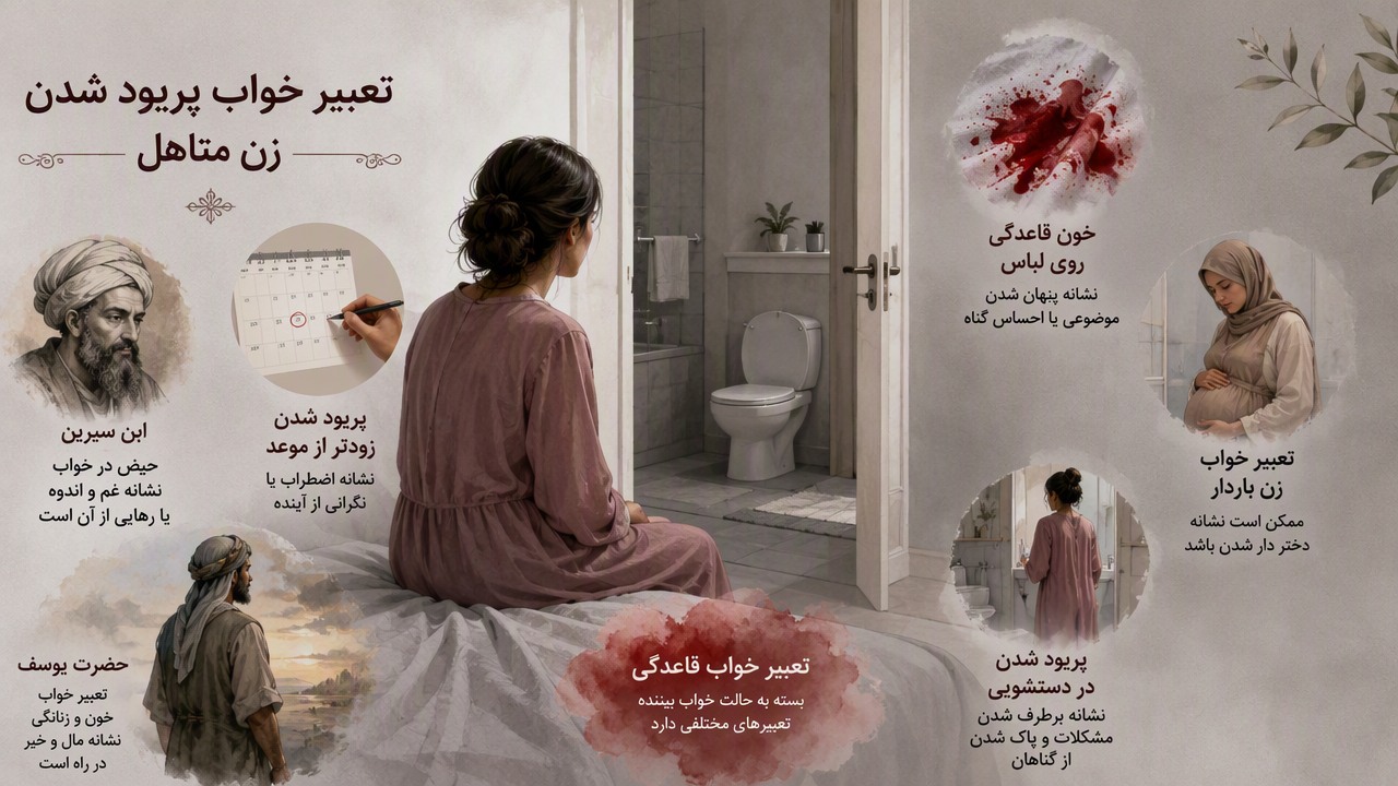 تعبیر خواب پریود شدن زن متاهل, تعبیر خواب قاعدگی, خون پریودی در خواب, ابن سیرین حیض, حضرت یوسف تعبیر خواب, پریود شدن در خواب زن, خون قاعدگی روی لباس, تعبیر خواب زن باردار, پریود شدن در دستشویی, پریود شدن زودتر از موعد, 