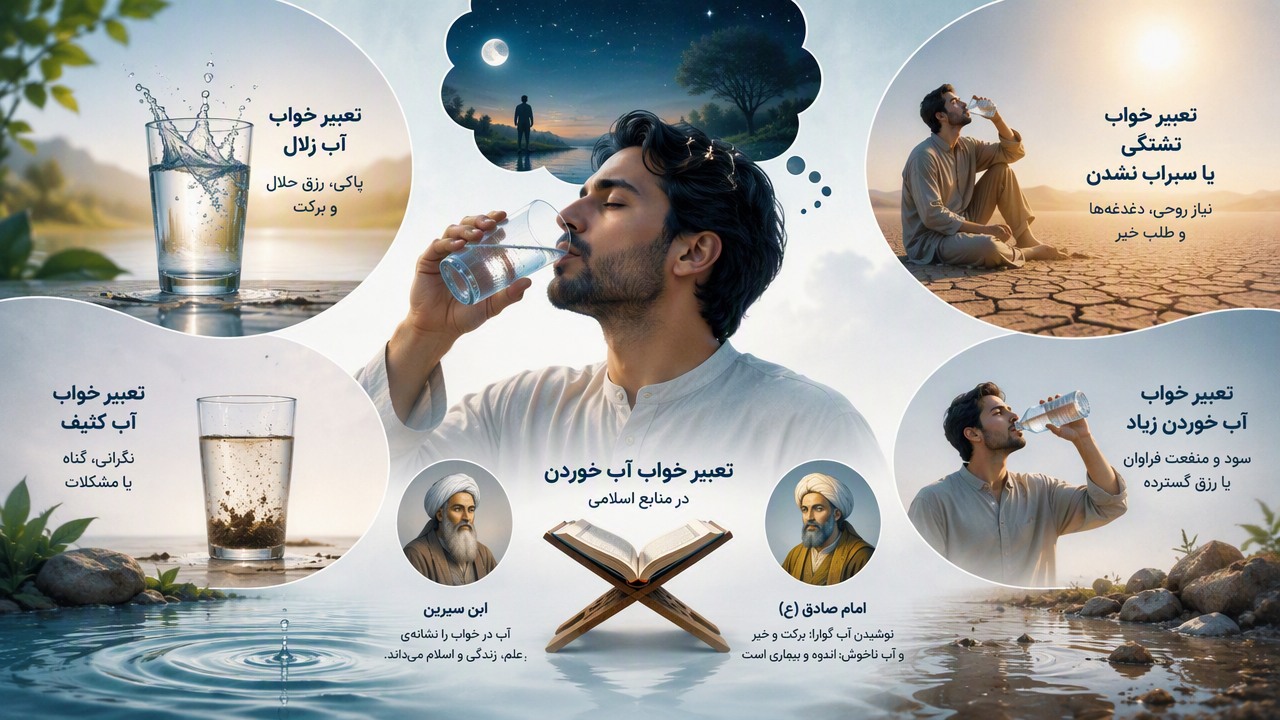 تعبیر خواب آب خوردن, تعبیر خواب سیراب نشدن, تعبیر خواب تشنگی, تعبیر خواب آب زلال, تعبیر خواب آب کثیف, ابن سیرین آب, امام صادق آب, نوشیدن آب در خواب, تشنگی و آب خوردن, آب خوردن زیاد,