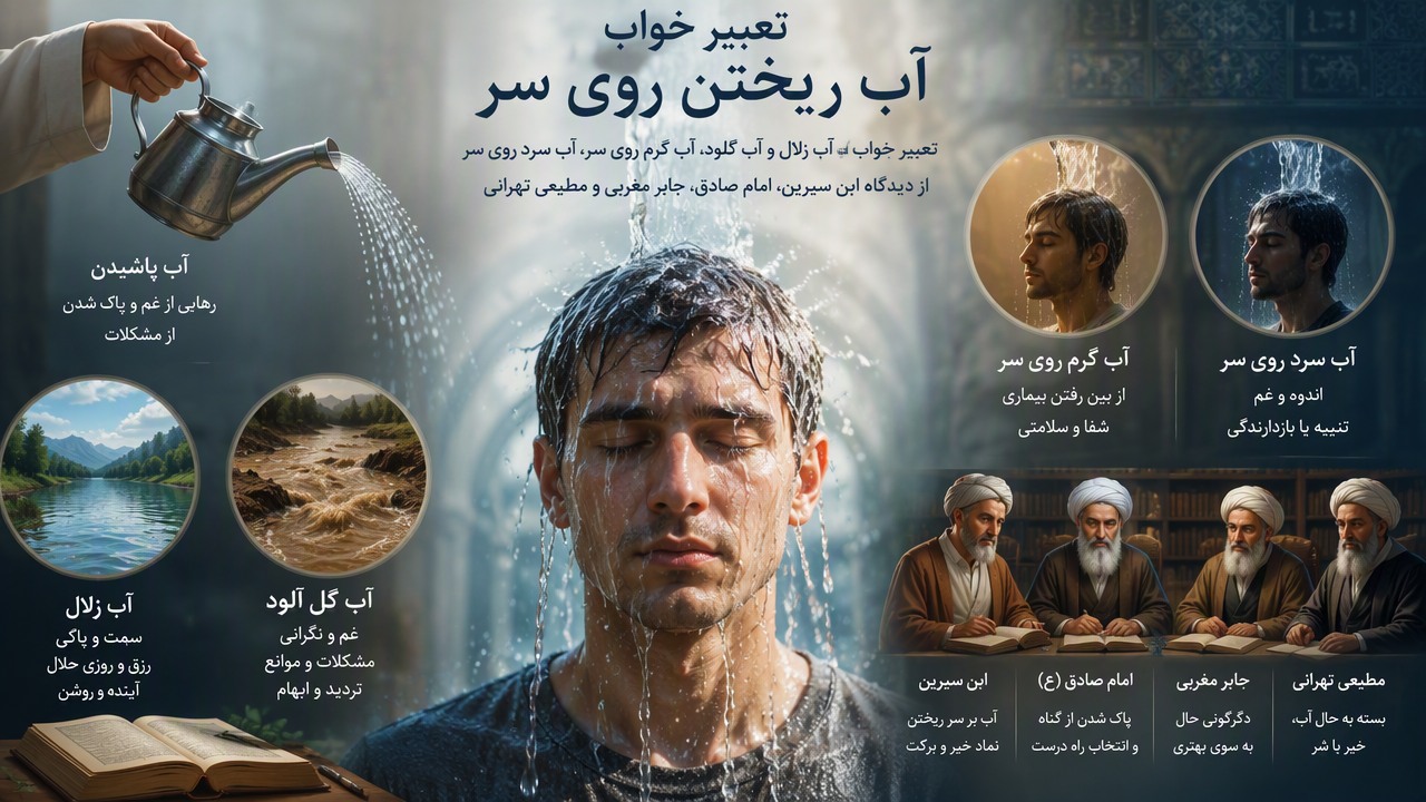 تعبیر خواب آب ریختن روی سر, تعبیر خواب آب, آب زلال و آب گل آلود, آب گرم روی سر, آب سرد روی سر, ابن سیرین, امام صادق, جابر مغربی, مطیعی تهرانی, آب پاشیدن,