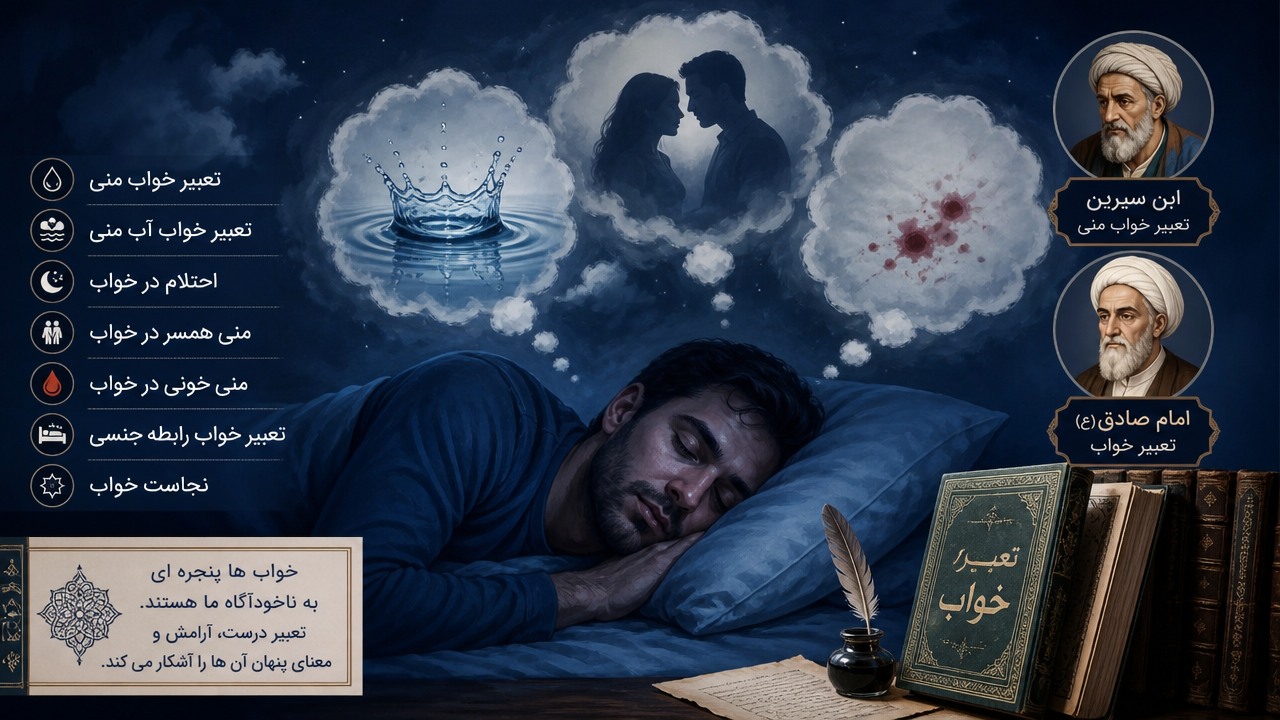 تعبیر خواب منی, تعبیر خواب آب منی, ابن سیرین منی, امام صادق تعبیر خواب, احتلام در خواب, منی همسر در خواب, منی خونی در خواب, نجاست خواب, تعبیر خواب رابطه جنسی, 