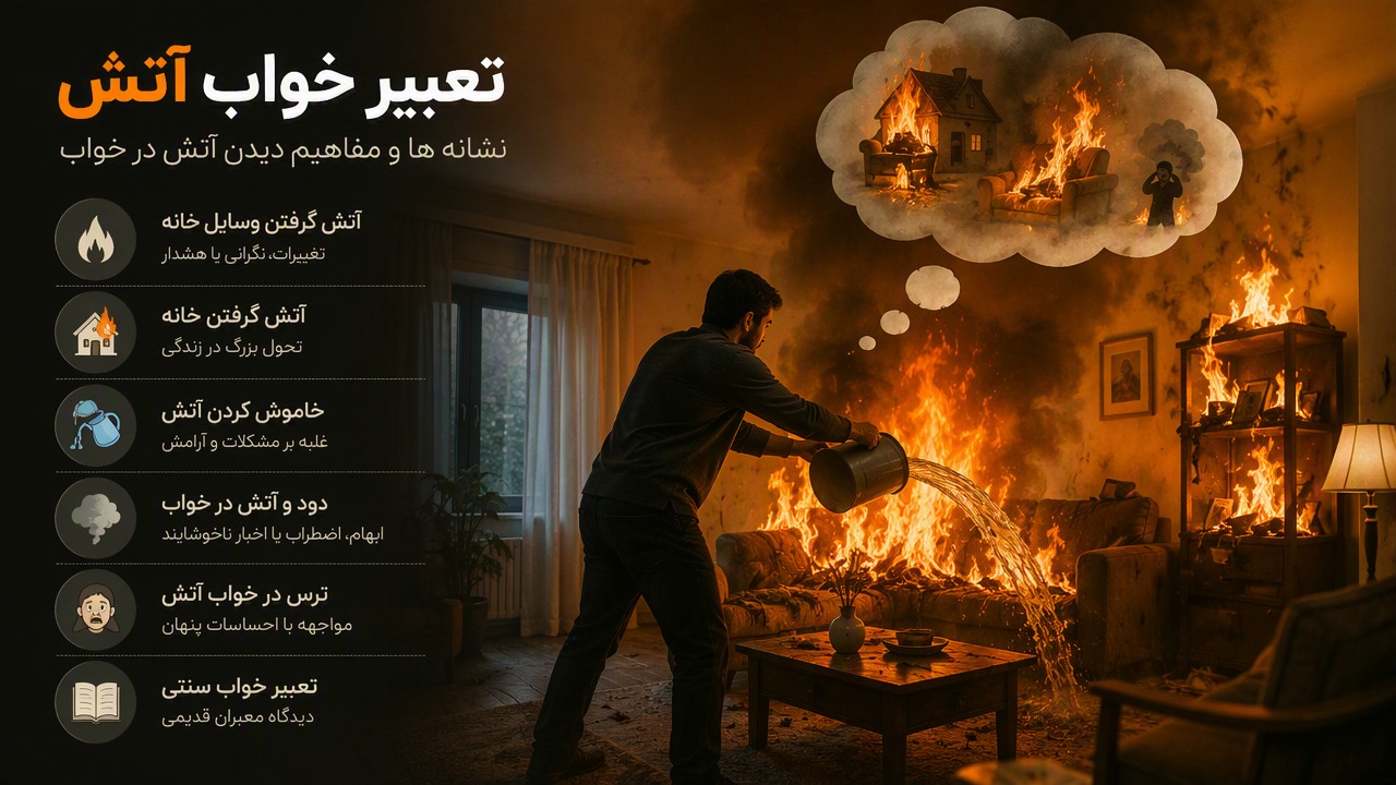 تعبیر خواب آتش گرفتن وسایل خانه, تعبیر خواب آتش, تعبیر خواب آتش گرفتن خانه, خاموش کردن آتش در خواب, دود و آتش در خواب, تعبیر خواب آتش زدن وسایل, ریختن آب روی آتش, ترس در خواب آتش, نشانه های آتش در رویا, تعبیر خواب سنتی, 