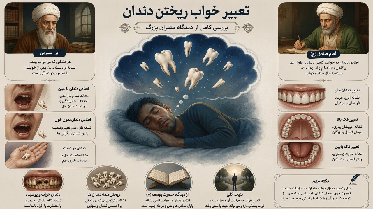 تعبیر خواب ریختن دندان, افتادن دندان بدون خون, افتادن دندان با خون, تعبیر دندان جلو, تعبیر فک بالا و پایین, امام صادق, حضرت یوسف, ابن سیرین, دندان در دست, دندان خراب و پوسیده, ریختن همه دندان ها, 