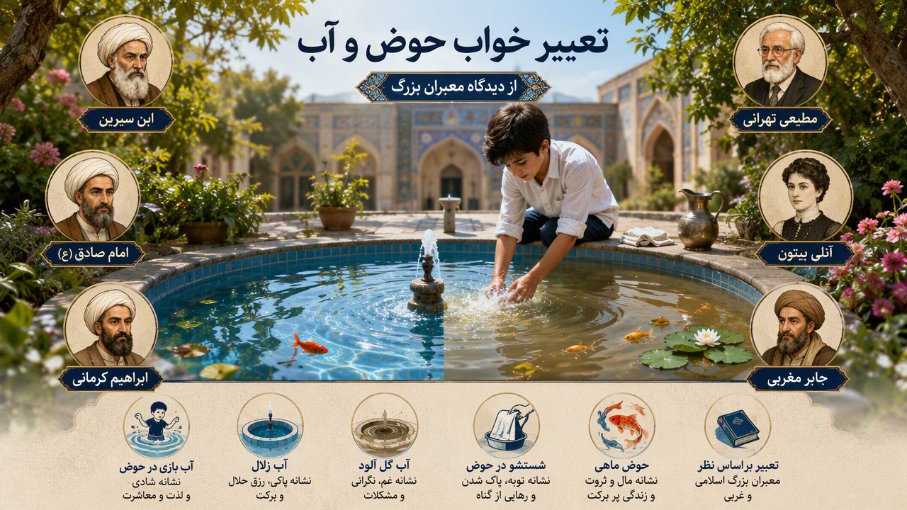 تعبیر خواب آب بازی در حوض, تعبیر خواب حوض, تعبیر خواب آب زلال, تعبیر خواب آب گل آلود, تعبیر خواب شستشو در حوض, تعبیر خواب حوض ماهی, ابن سیرین, امام صادق, ابراهیم کرمانی, مطیعی تهرانی, آنلی بیتون, جابر مغربی,
