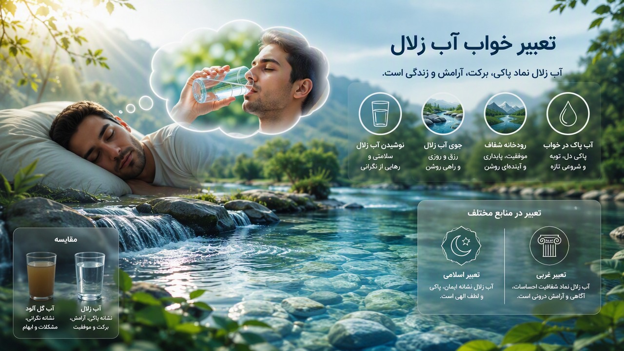 تعبیر خواب آب زلال, آب روشن و صاف, نوشیدن آب زلال در خواب, جوی آب زلال, رودخانه شفاف, معنی دیدن آب در خواب, آب پاک در خواب, تعبیر اسلامی آب زلال, تعبیر غربی آب زلال, آب گل آلود مقابل آب زلال,