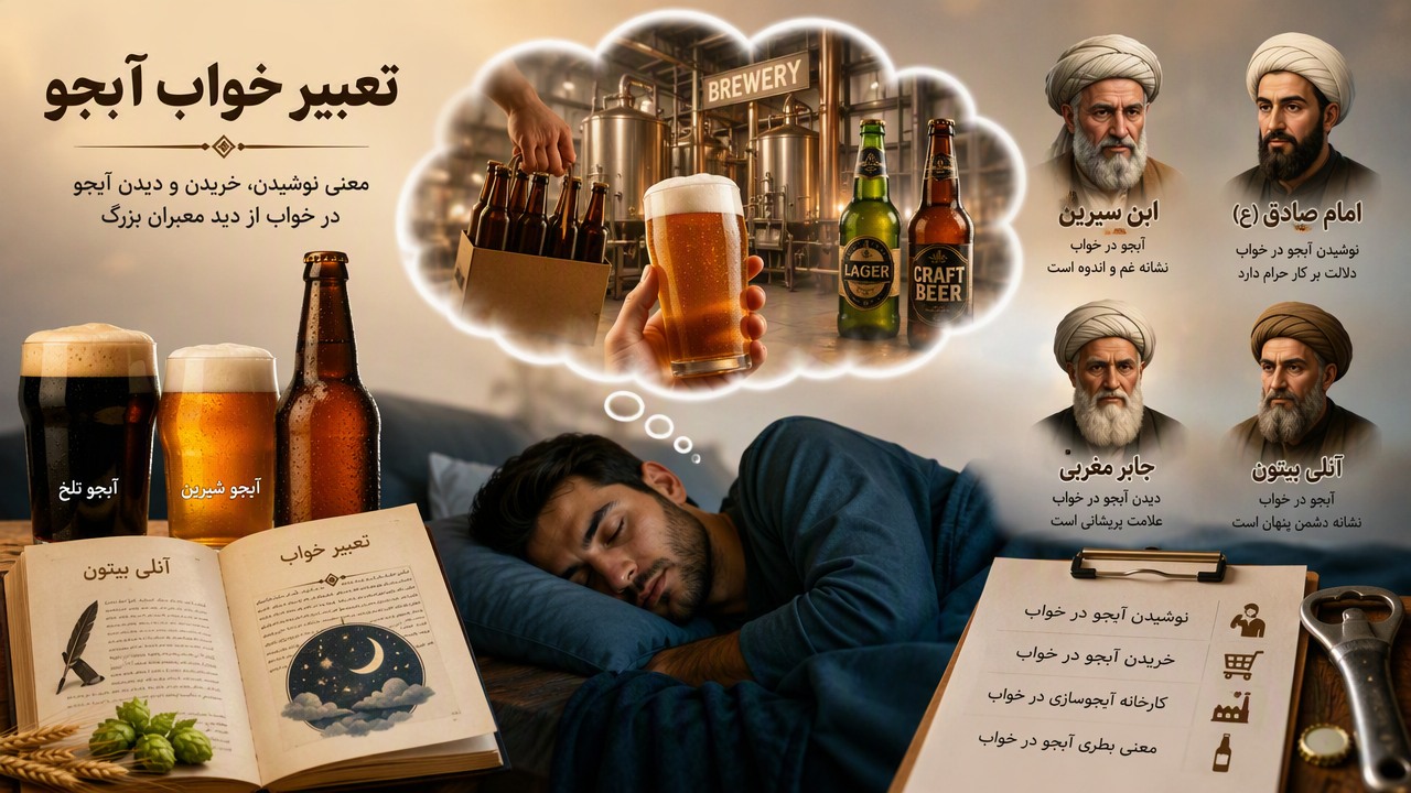 تعبیر خواب آبجو, نوشیدن آبجو در خواب, خریدن آبجو, کارخانه آبجوسازی در خواب, معنی بطری آبجو, آبجو شیرین و تلخ در خواب, تعبیر خواب آنلی بیتون, ابن سیرین آبجو, امام صادق آبجو, جابر مغربی آبجو, 