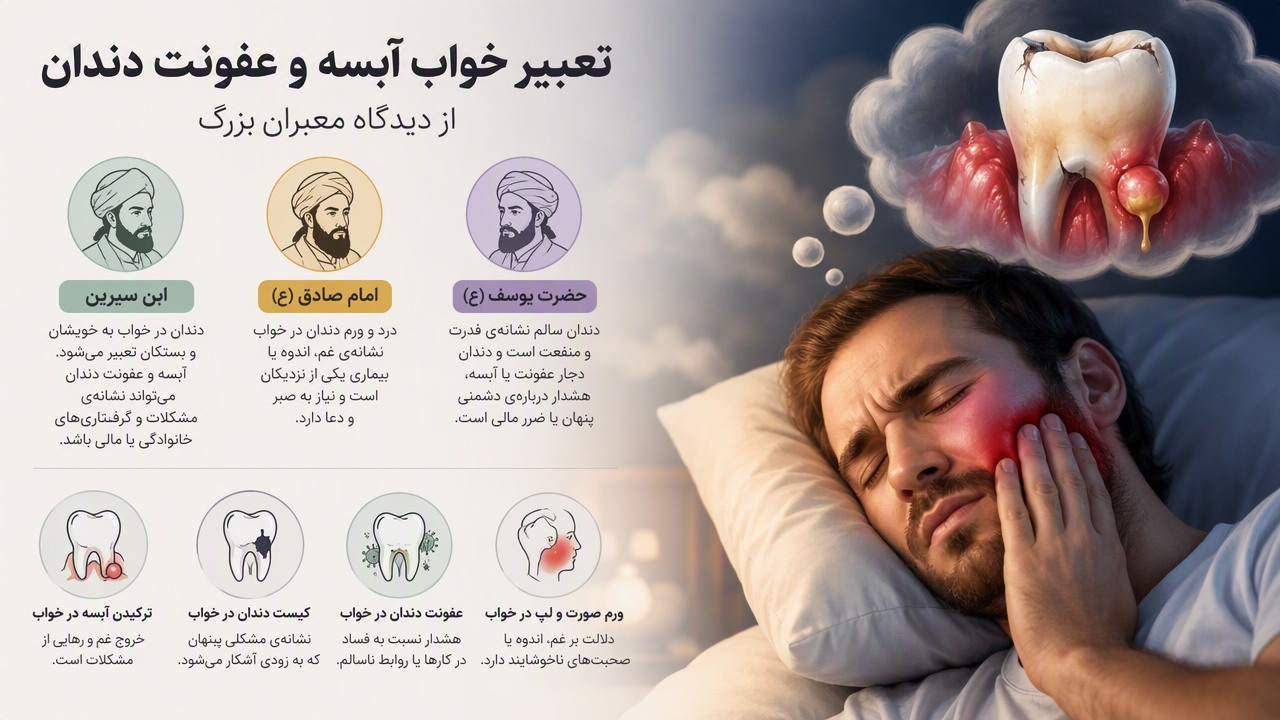 تعبیر خواب آبسه دندان, تعبیر خواب ورم دندان, تعبیر خواب عفونت لثه, ترکیدن آبسه در خواب, کیست دندان در خواب, عفونت دندان در خواب, ورم صورت و لپ در خواب, تعبیر خواب دندان ابن سیرین, تعبیر خواب دندان امام صادق, تعبیر خواب دندان حضرت یوسف, 