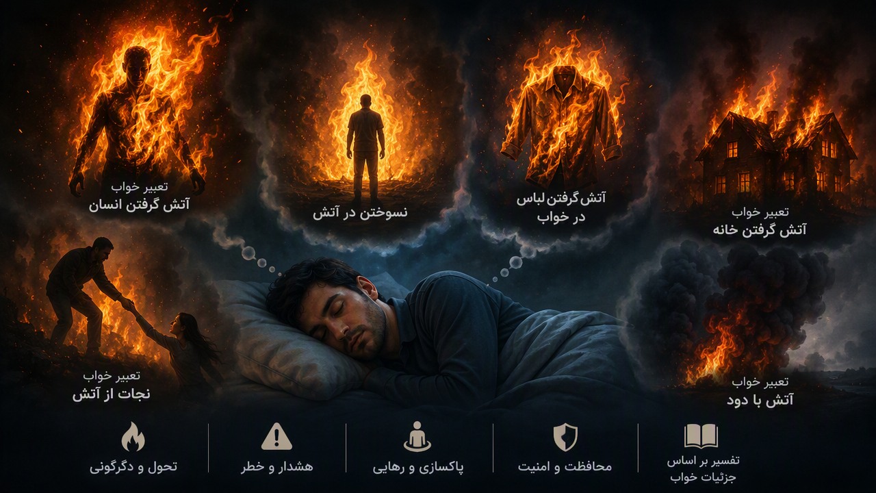 تعبیر خواب آتش گرفتن انسان, سوختن انسان در خواب, تعبیر خواب آتش, نسوختن در آتش, آتش گرفتن لباس در خواب, تعبیر خواب نجات از آتش, تعبیر خواب آتش با دود, تعبیر خواب آتش گرفتن خانه,