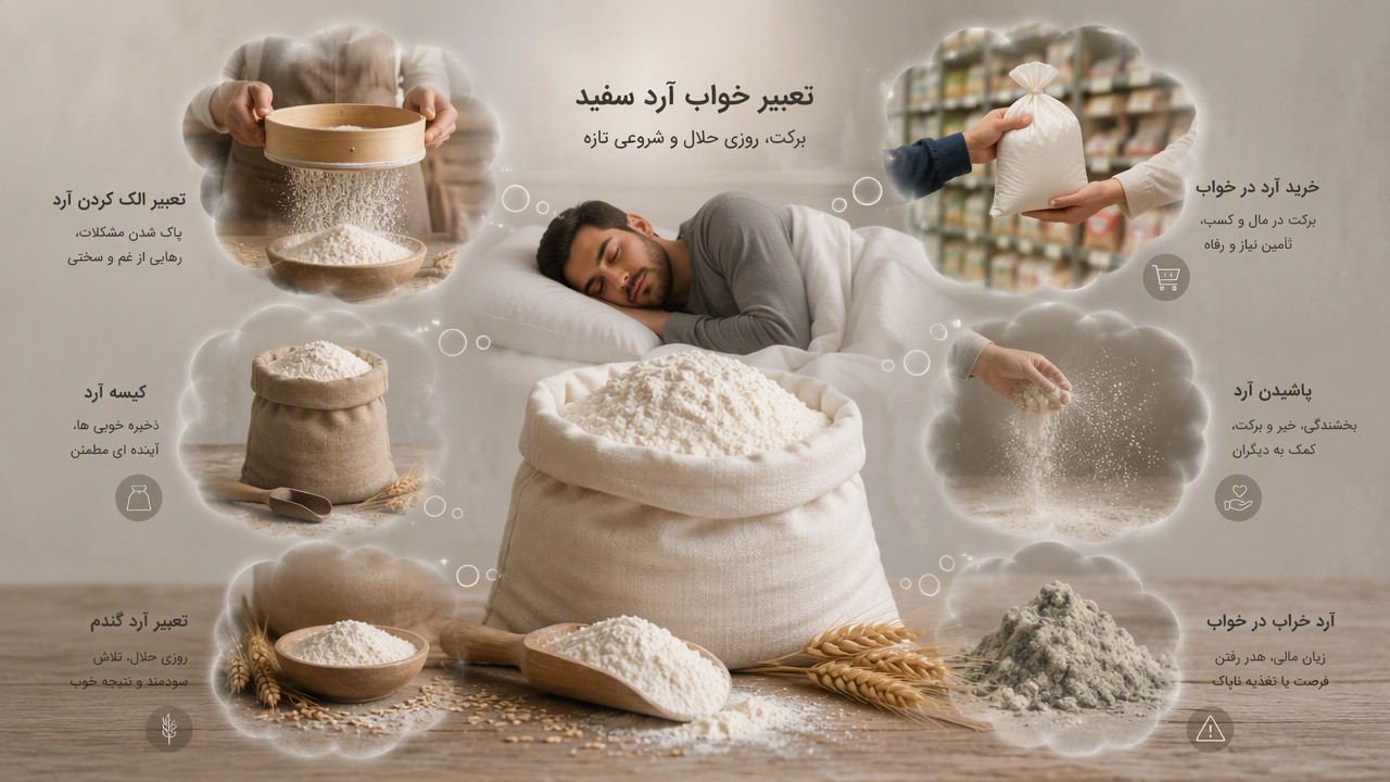 تعبیر خواب آرد سفید, معنی دیدن آرد سفید در خواب, تعبیر آرد گندم, تعبیر الک کردن آرد, خرید آرد در خواب, کیسه آرد, پاشیدن آرد, آرد خراب در خواب, 