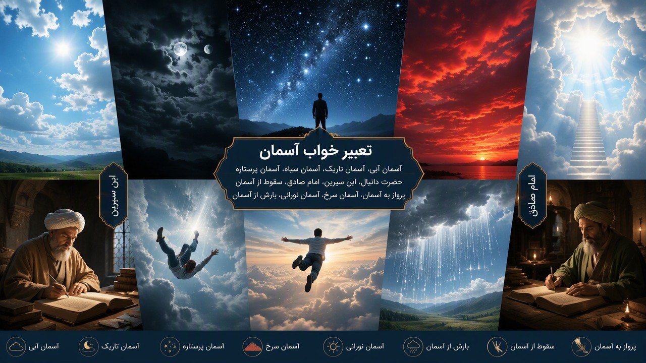 تعبیر خواب آسمان, تعبیر آسمان آبی, آسمان تاریک در خواب, تعبیر آسمان سیاه, تعبیر آسمان پرستاره, حضرت دانیال تعبیر آسمان, ابن سیرین آسمان, امام صادق تعبیر خواب, سقوط از آسمان, پرواز به آسمان, آسمان سرخ, آسمان نورانی, بارش از آسمان,